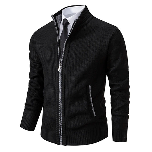 Autumn & Winter Men's Casual Sports Jacket – Solid Color Stand Collar Fleece-Lined Zipper Cardigan for Warmth