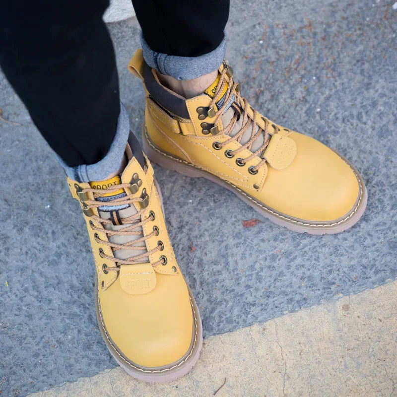 Genuine Leather Unisex Ankle Military Trekking Boots – Yellow Designer Tactical Outdoor Work Sneakers for Men.