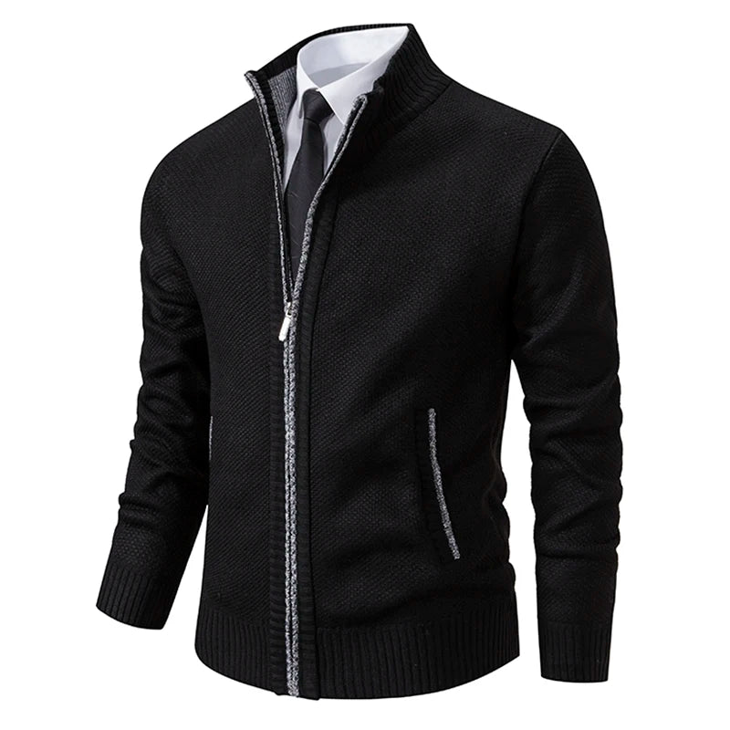Autumn & Winter Men's Casual Sports Jacket – Solid Color Stand Collar Fleece-Lined Zipper Cardigan for Warmth