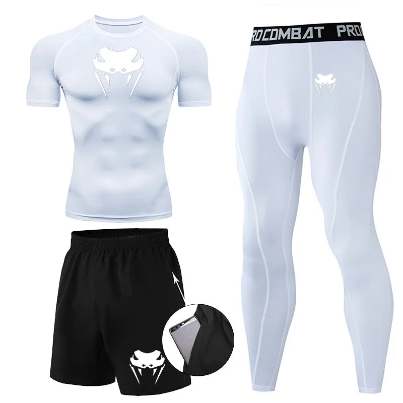 Men Compression Set MMA Long or Short Sleeve T-shirt Men's, Tight Pants Fitness, Bodybuilding, Clothes Rash guard, Sports Suits