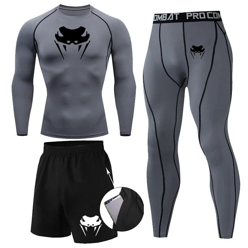 Men Compression Set MMA Long or Short Sleeve T-shirt Men's, Tight Pants Fitness, Bodybuilding, Clothes Rash guard, Sports Suits