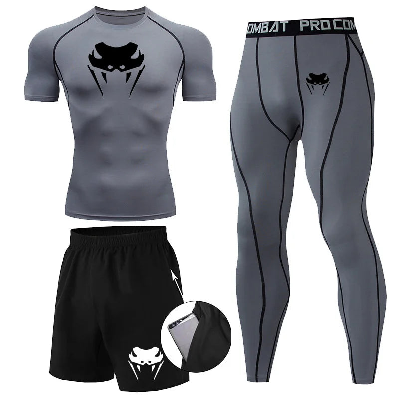 Men Compression Set MMA Long or Short Sleeve T-shirt Men's, Tight Pants Fitness, Bodybuilding, Clothes Rash guard, Sports Suits