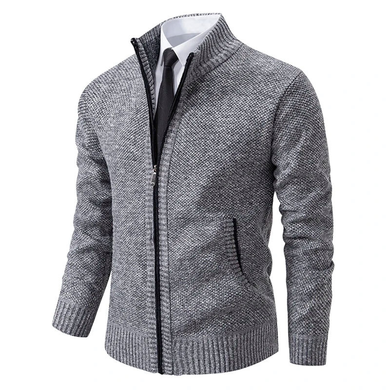 Autumn & Winter Men's Casual Sports Jacket – Solid Color Stand Collar Fleece-Lined Zipper Cardigan for Warmth