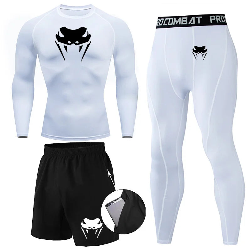 Men Compression Set MMA Long or Short Sleeve T-shirt Men's, Tight Pants Fitness, Bodybuilding, Clothes Rash guard, Sports Suits