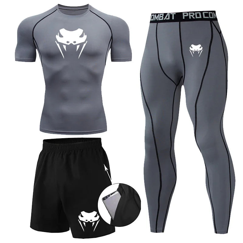 Men Compression Set MMA Long or Short Sleeve T-shirt Men's, Tight Pants Fitness, Bodybuilding, Clothes Rash guard, Sports Suits