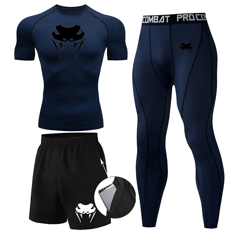 Men Compression Set MMA Long or Short Sleeve T-shirt Men's, Tight Pants Fitness, Bodybuilding, Clothes Rash guard, Sports Suits