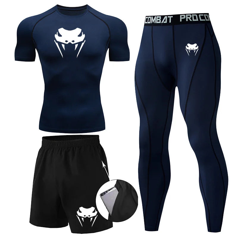 Men Compression Set MMA Long or Short Sleeve T-shirt Men's, Tight Pants Fitness, Bodybuilding, Clothes Rash guard, Sports Suits