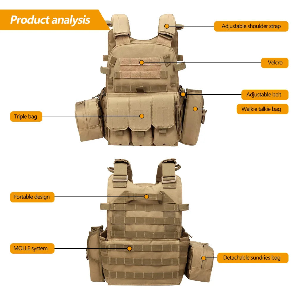 Tactical MOLLE Nylon Vest – Body Armor Plate Carrier for Airsoft, Hunting, and Security Use. Durable combat vest designed for maximum protection and utility, ideal for military simulation, law enforcement, and outdoor tactical games.
