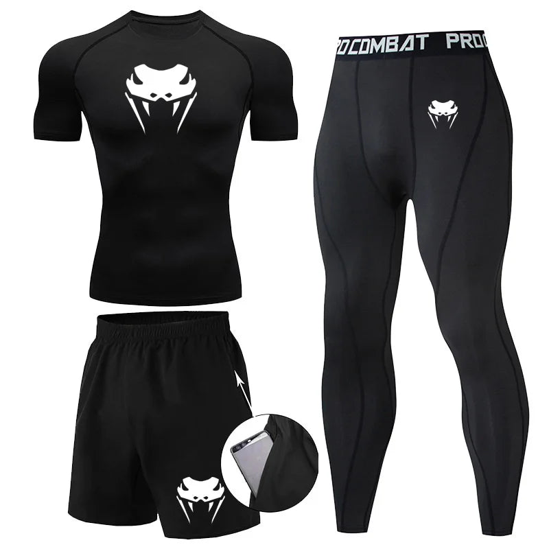 Men Compression Set MMA Long or Short Sleeve T-shirt Men's, Tight Pants Fitness, Bodybuilding, Clothes Rash guard, Sports Suits
