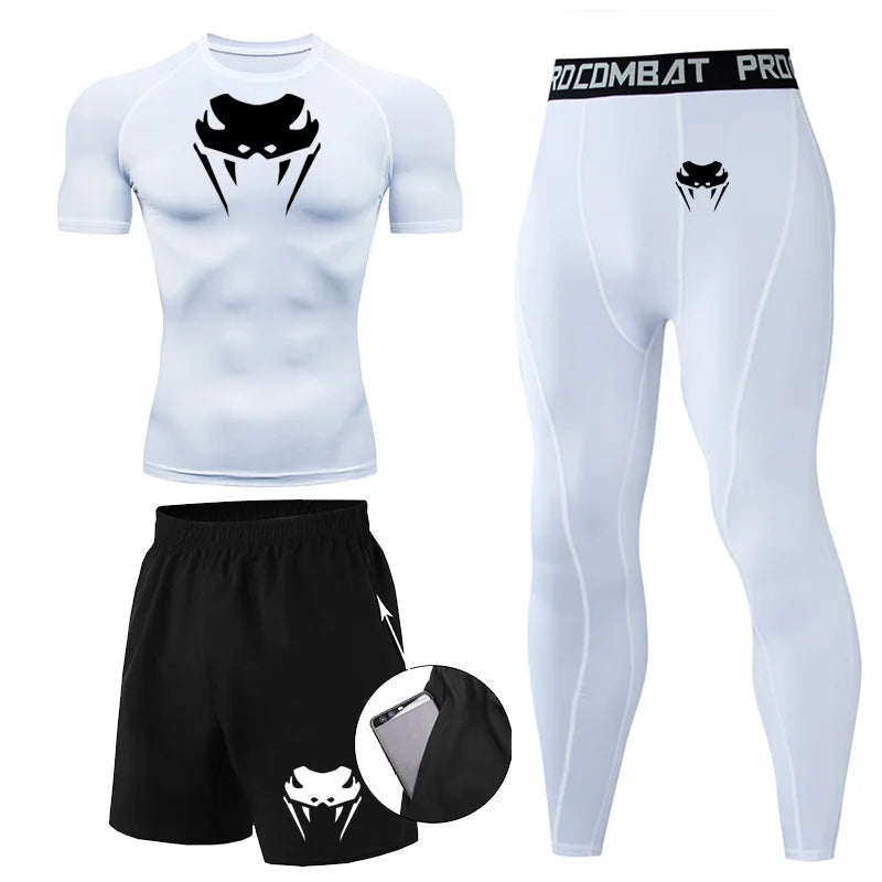 Men Compression Set MMA Long or Short Sleeve T-shirt Men's, Tight Pants Fitness, Bodybuilding, Clothes Rash guard, Sports Suits