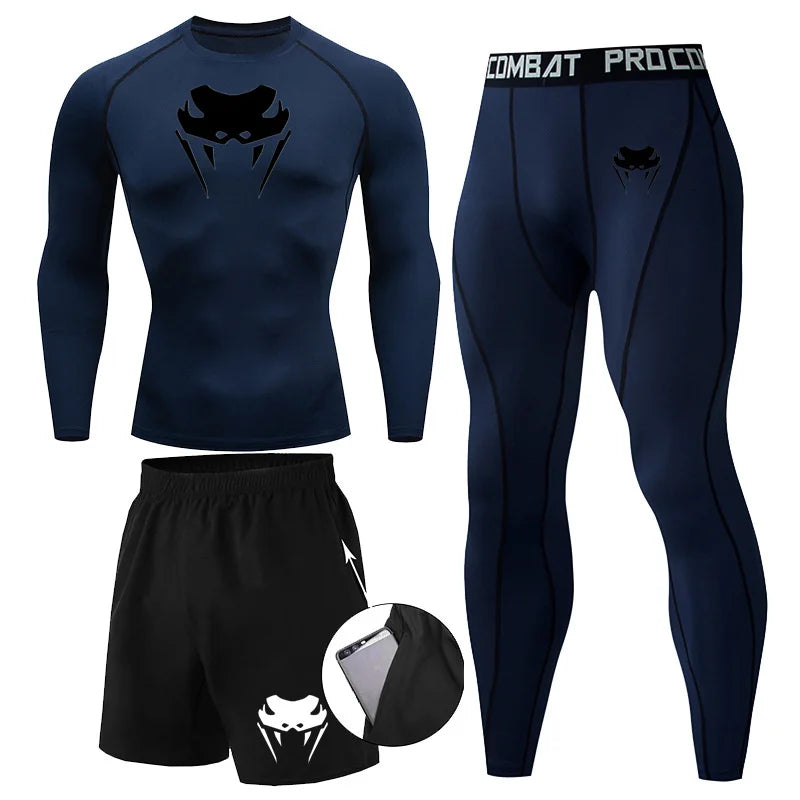 Men Compression Set MMA Long or Short Sleeve T-shirt Men's, Tight Pants Fitness, Bodybuilding, Clothes Rash guard, Sports Suits