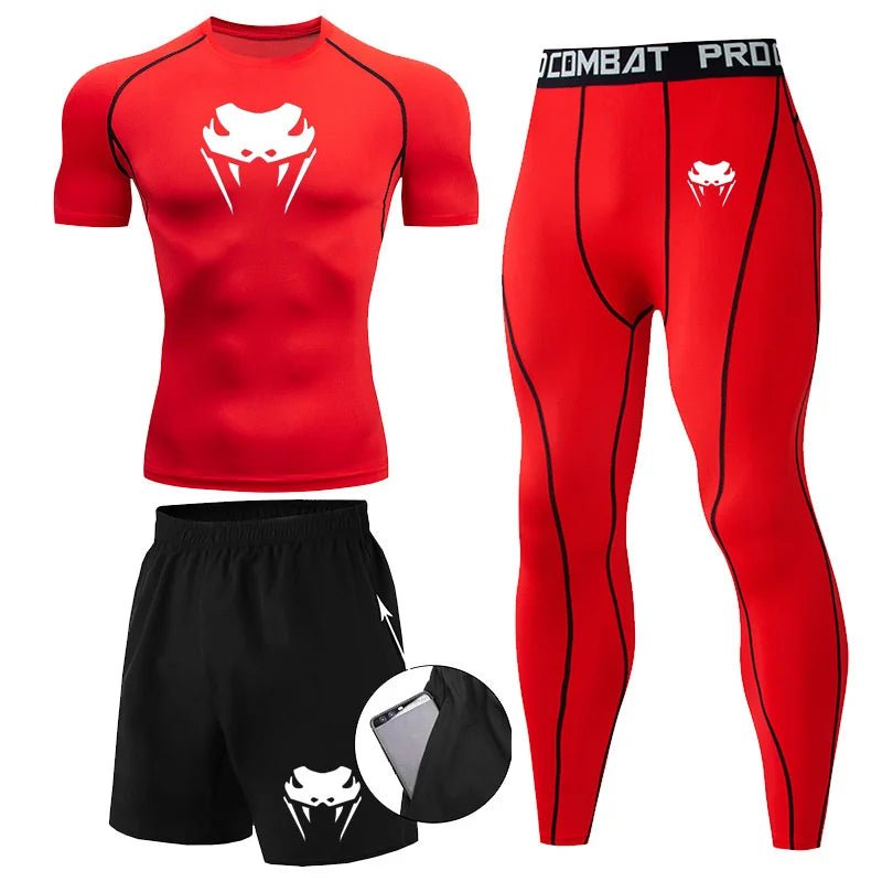 Men Compression Set MMA Long or Short Sleeve T-shirt Men's, Tight Pants Fitness, Bodybuilding, Clothes Rash guard, Sports Suits