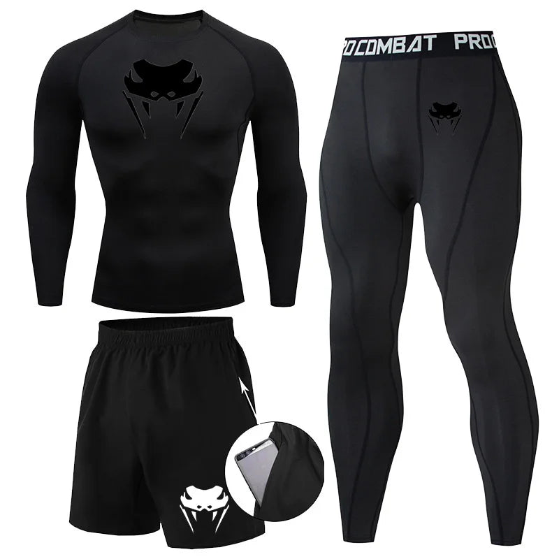 Men Compression Set MMA Long or Short Sleeve T-shirt Men's, Tight Pants Fitness, Bodybuilding, Clothes Rash guard, Sports Suits