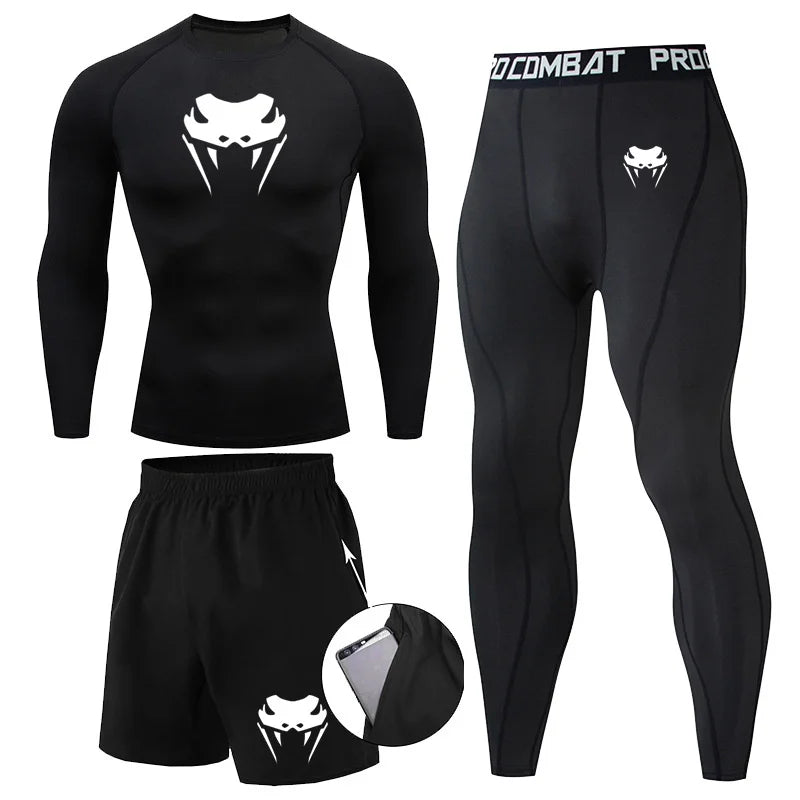 Men Compression Set MMA Long or Short Sleeve T-shirt Men's, Tight Pants Fitness, Bodybuilding, Clothes Rash guard, Sports Suits