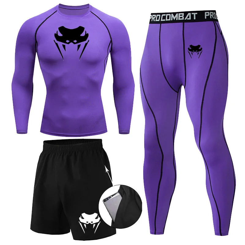 Men Compression Set MMA Long or Short Sleeve T-shirt Men's, Tight Pants Fitness, Bodybuilding, Clothes Rash guard, Sports Suits