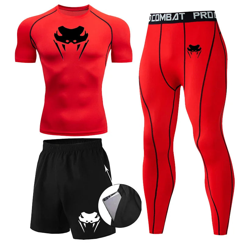 Men Compression Set MMA Long or Short Sleeve T-shirt Men's, Tight Pants Fitness, Bodybuilding, Clothes Rash guard, Sports Suits