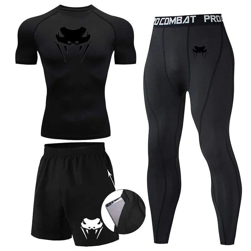 Men Compression Set MMA Long or Short Sleeve T-shirt Men's, Tight Pants Fitness, Bodybuilding, Clothes Rash guard, Sports Suits