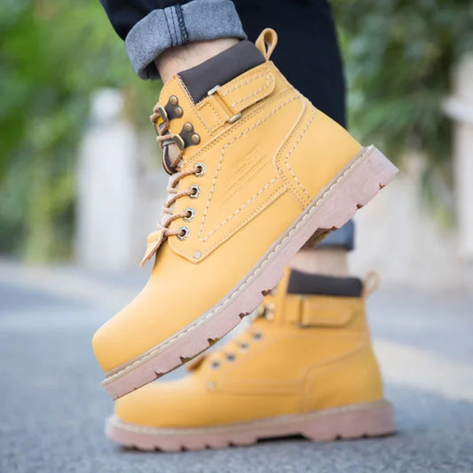 Genuine Leather Unisex Ankle Military Trekking Boots – Yellow Designer Tactical Outdoor Work Sneakers for Men.