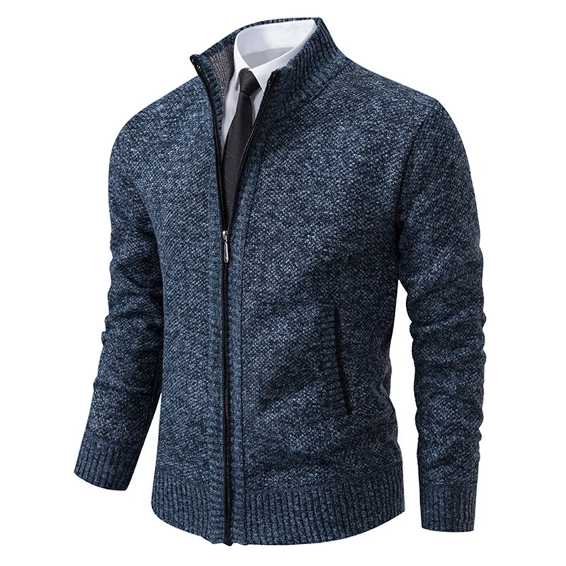 Autumn & Winter Men's Casual Sports Jacket – Solid Color Stand Collar Fleece-Lined Zipper Cardigan for Warmth