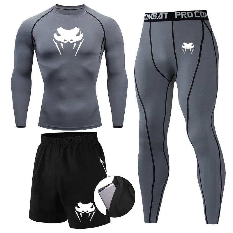 Men Compression Set MMA Long or Short Sleeve T-shirt Men's, Tight Pants Fitness, Bodybuilding, Clothes Rash guard, Sports Suits