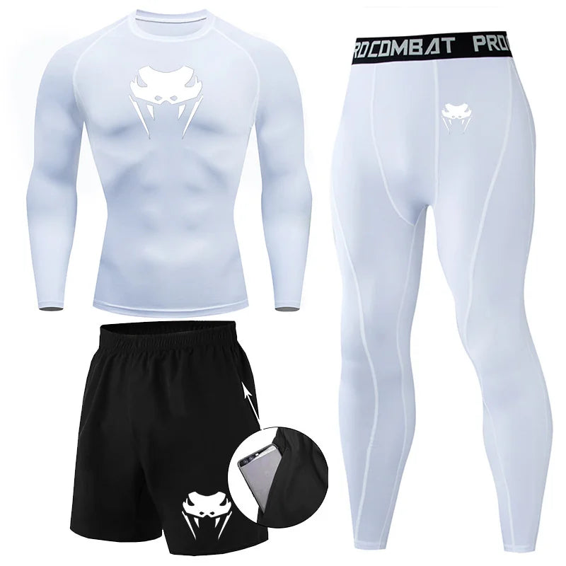 Men Compression Set MMA Long or Short Sleeve T-shirt Men's, Tight Pants Fitness, Bodybuilding, Clothes Rash guard, Sports Suits